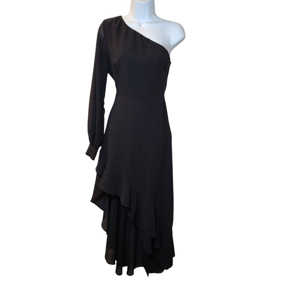 Belle Badgley Mischka Black One Shoulder Ruffle Floor Length Formal Gown Size 2